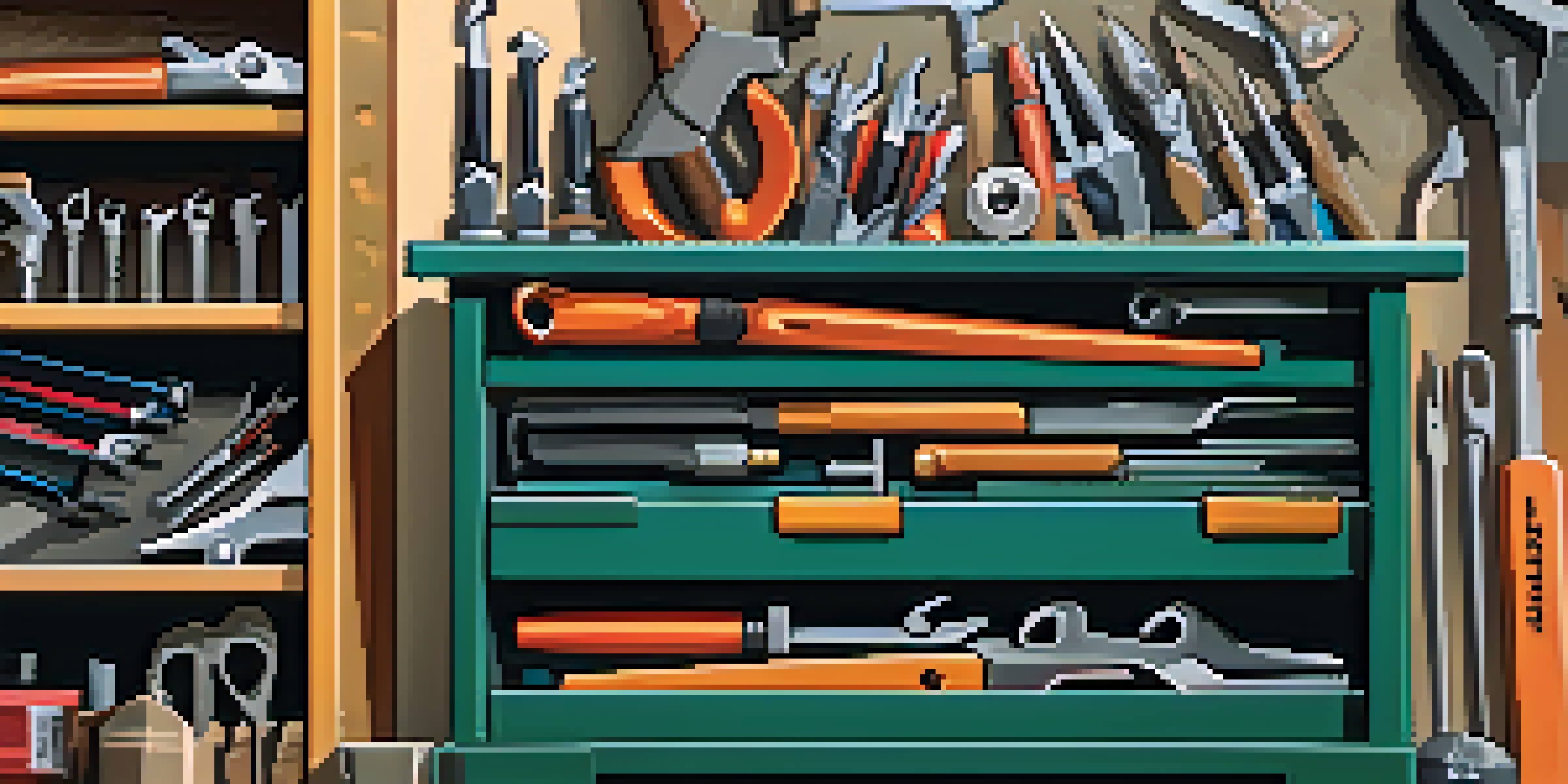 An open toolbox filled with various hand tools on a workbench in a sunny garage.