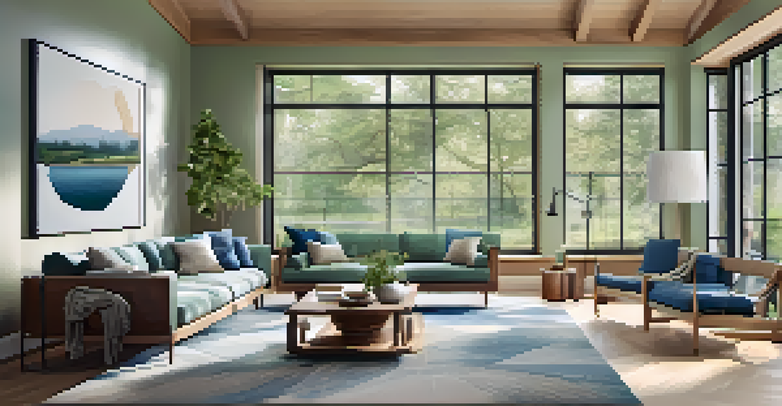 A warm living room with nature-inspired decor, large windows, and comfortable seating, designed for accessibility.