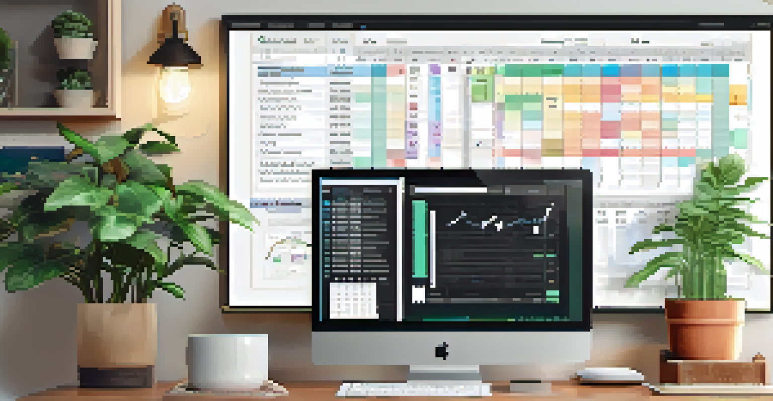 A home office workspace with a computer showing property cash flow metrics and a cozy atmosphere.