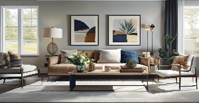 A beautifully staged living room in a home for sale, filled with natural light and modern decor.