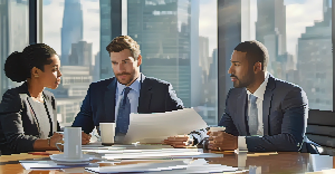 A diverse group of business professionals in a negotiation setting, showing focus and determination at a conference table.