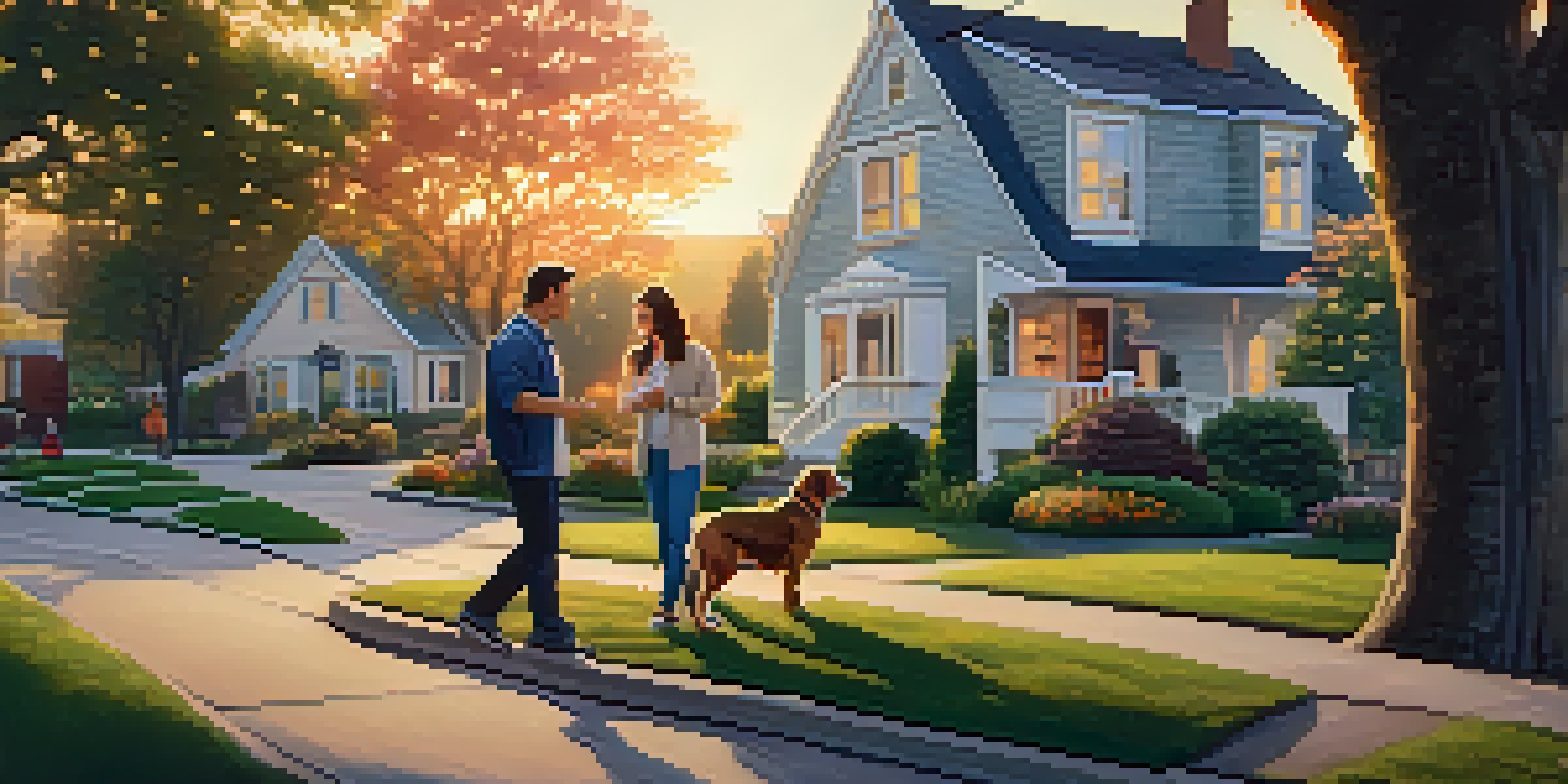 A young couple stands in front of a for-sale sign in a suburban neighborhood during sunset, with a dog playing nearby.