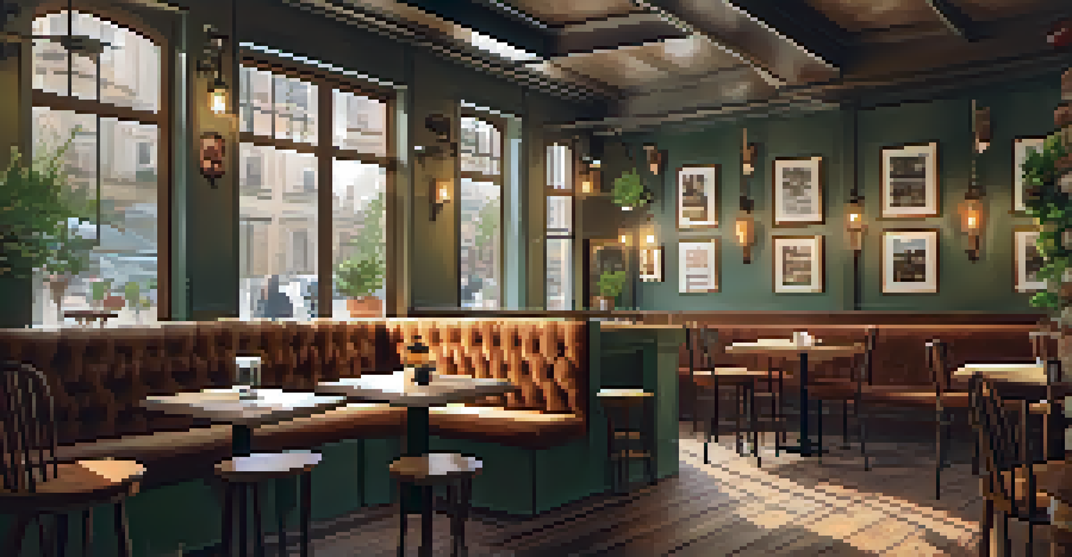 A charming café interior with warm lighting, wooden furniture, and personal artwork.