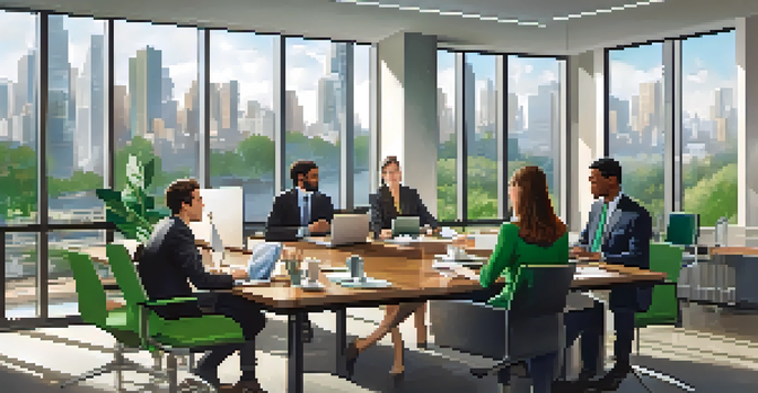 A group of diverse professionals having a meeting in a bright office with a view of the city.