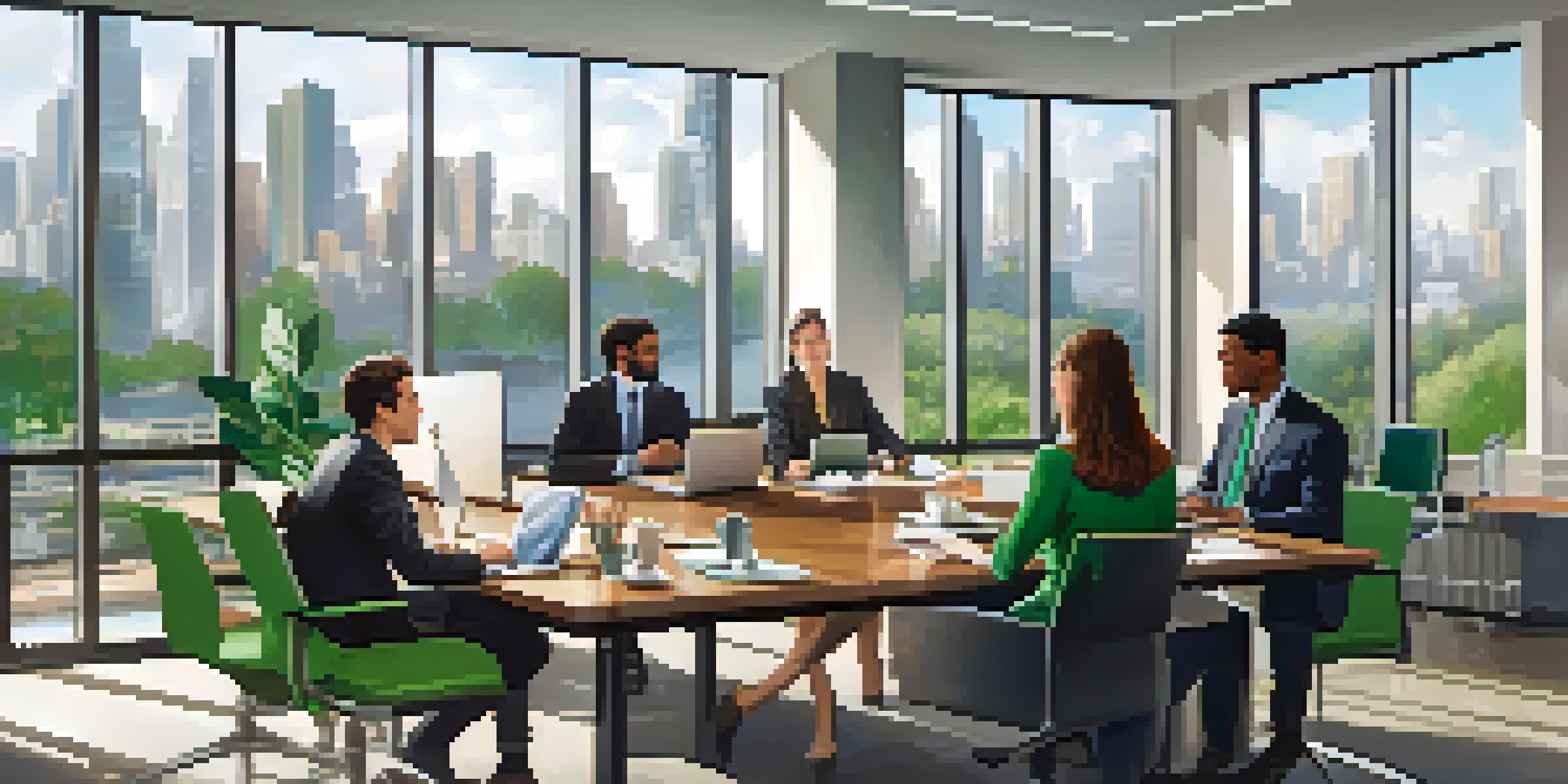 A group of diverse professionals having a meeting in a bright office with a view of the city.