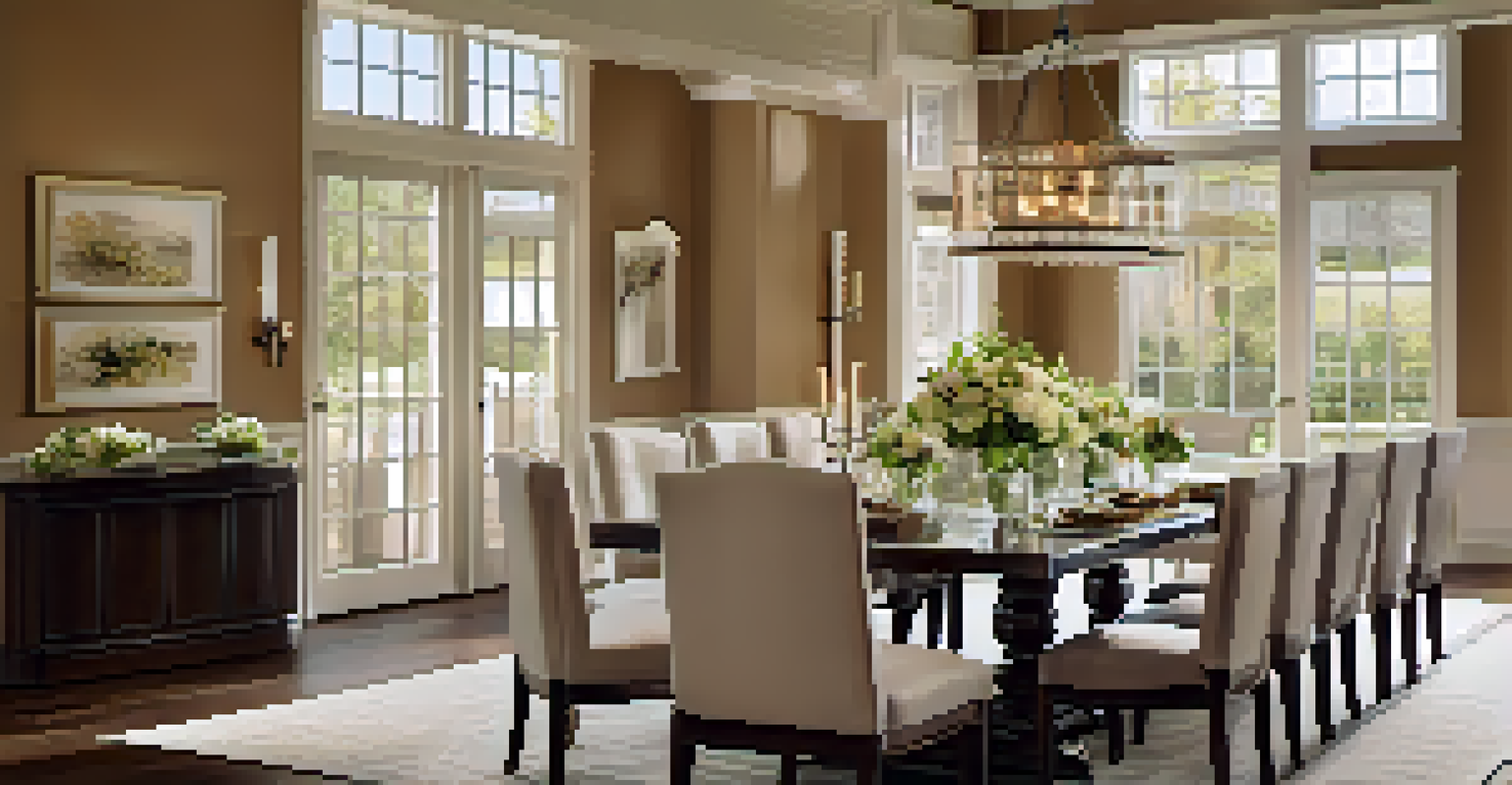 An elegant dining area with a beautifully set table, fresh flowers, and large windows allowing natural light to illuminate the space.