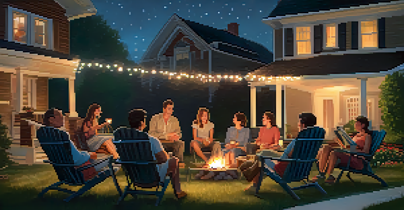 Neighbors gathered around a fire pit in a cozy street, sharing stories under string lights and a starry sky.