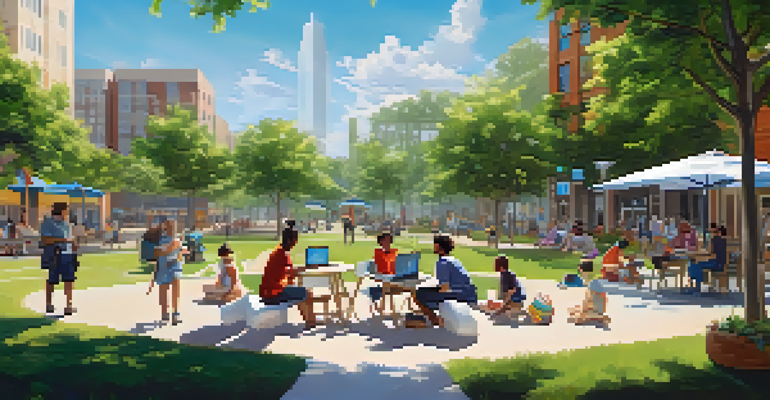 A revitalized community park with remote workers and families enjoying the space, under clear blue skies.