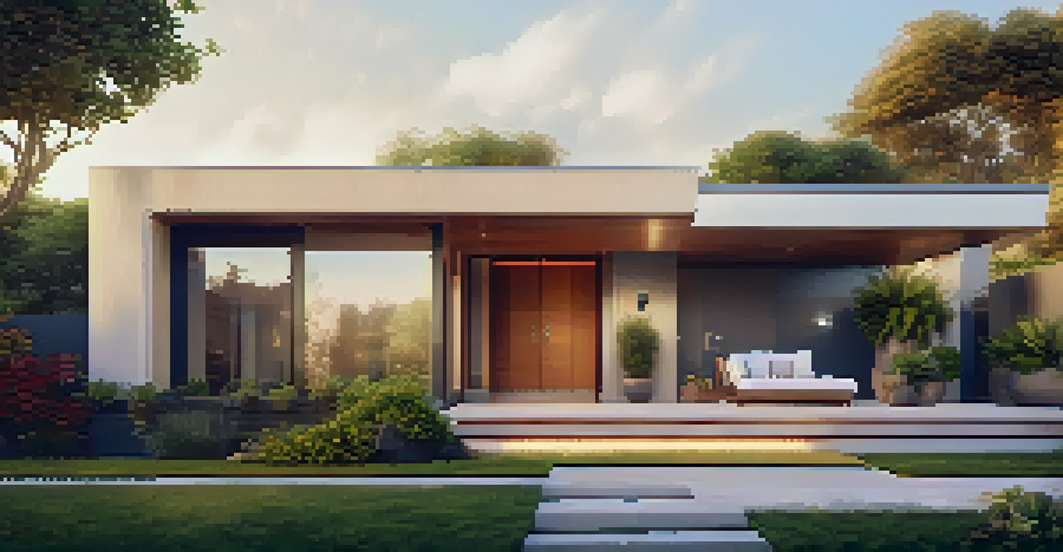 A contemporary house with smart security features visible at the front door, surrounded by landscaped greenery during sunset.