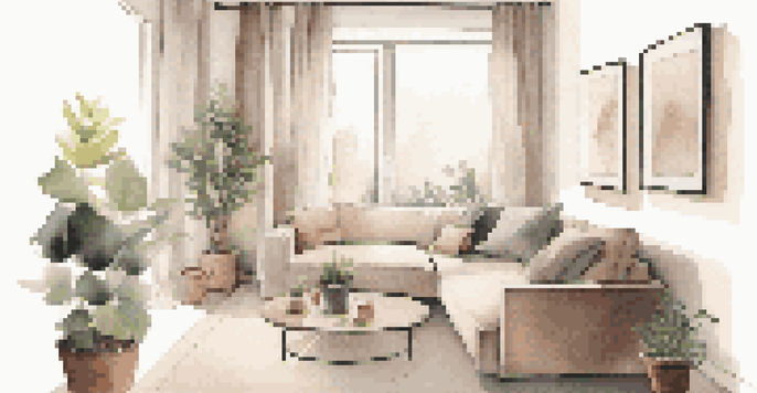 A minimalist living room with a sofa bed and a coffee table that has storage, bathed in soft natural light.