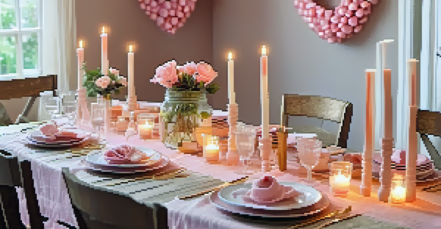 A romantic Valentine's Day table setting with heart decorations and candle holders, exuding a warm atmosphere.