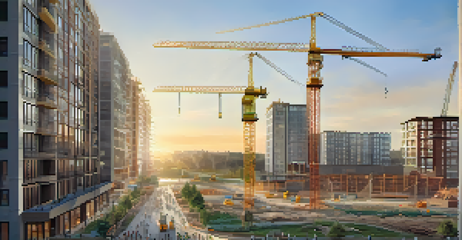 A construction site of a mixed-use development surrounded by trees, illuminated by golden hour sunlight.