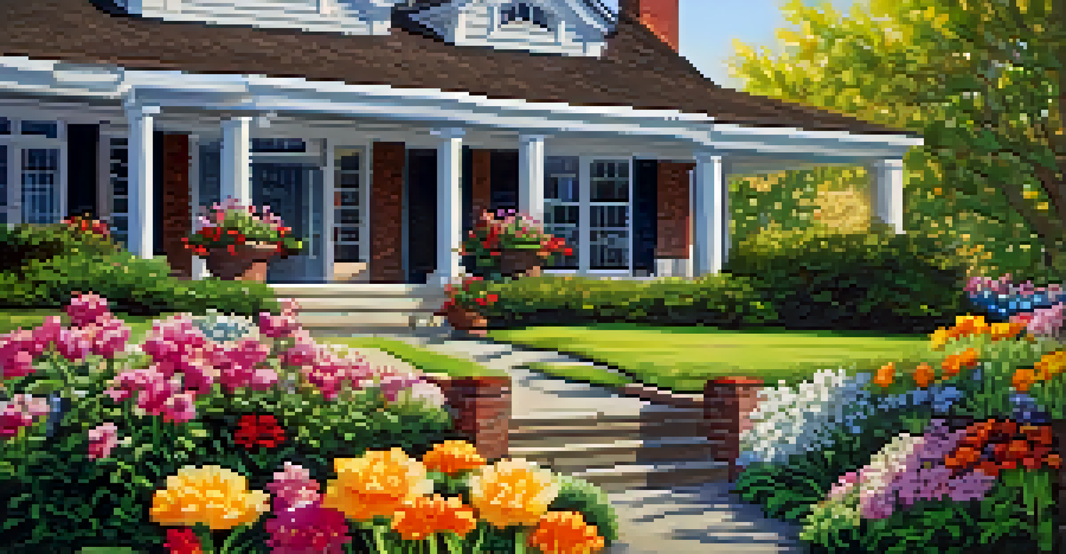 A close-up of a 'For Sale' sign in front of a house with a colorful garden.