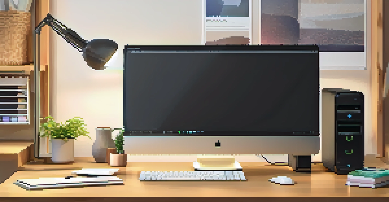 A modern home office with energy-efficient devices, sustainable furniture, and warm lighting.