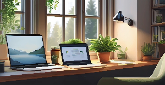A home office with a wooden desk, laptop, paperwork, and a potted plant, illuminated by warm sunlight.