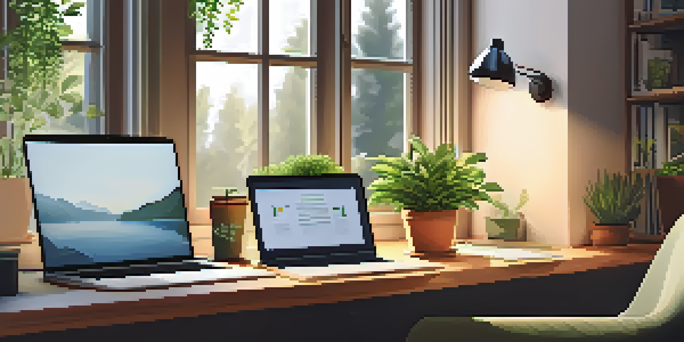 A home office with a wooden desk, laptop, paperwork, and a potted plant, illuminated by warm sunlight.