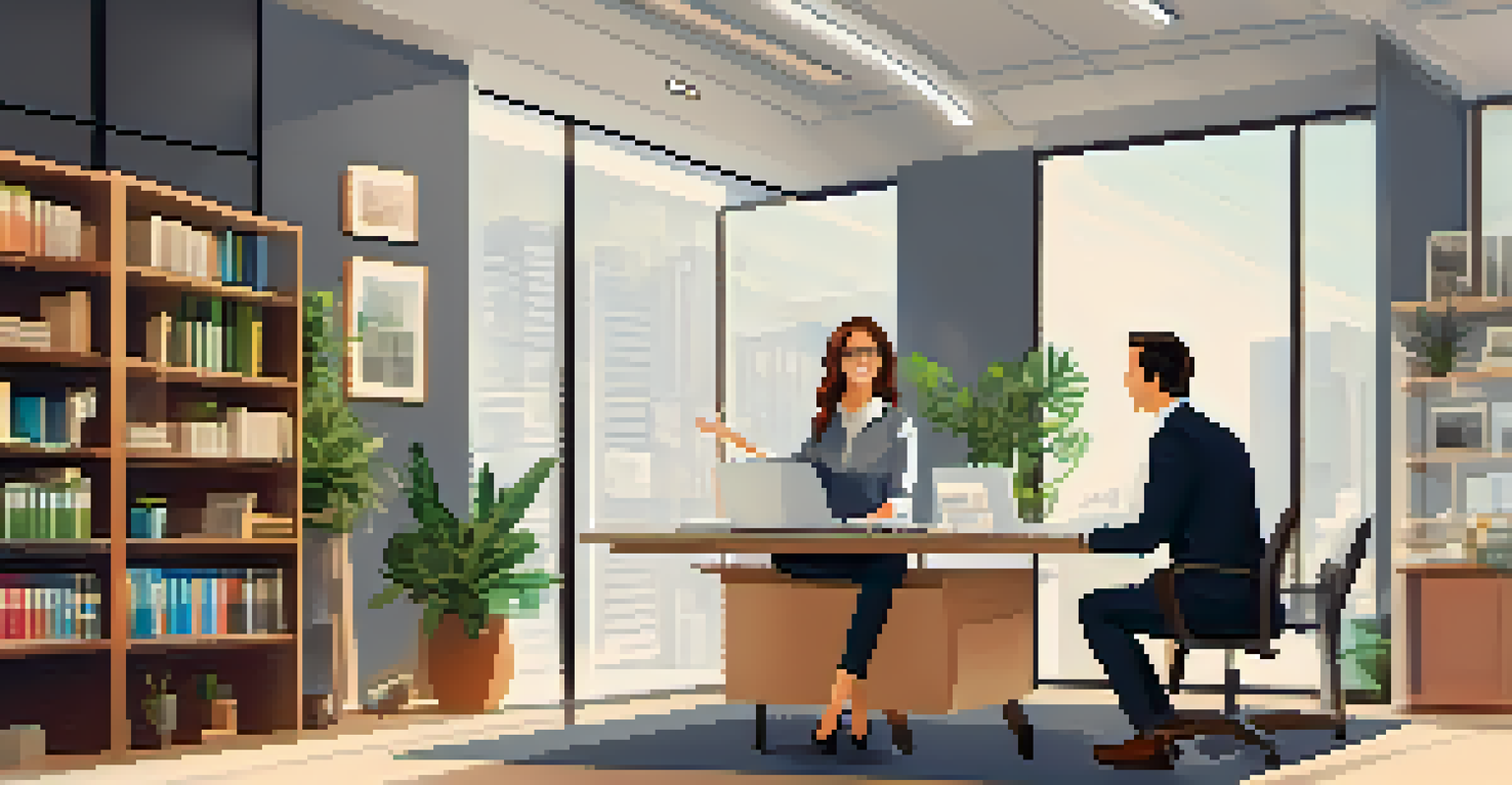 An insurance agent discussing real estate insurance options with a client at a modern office desk, with a laptop showing policy comparisons.