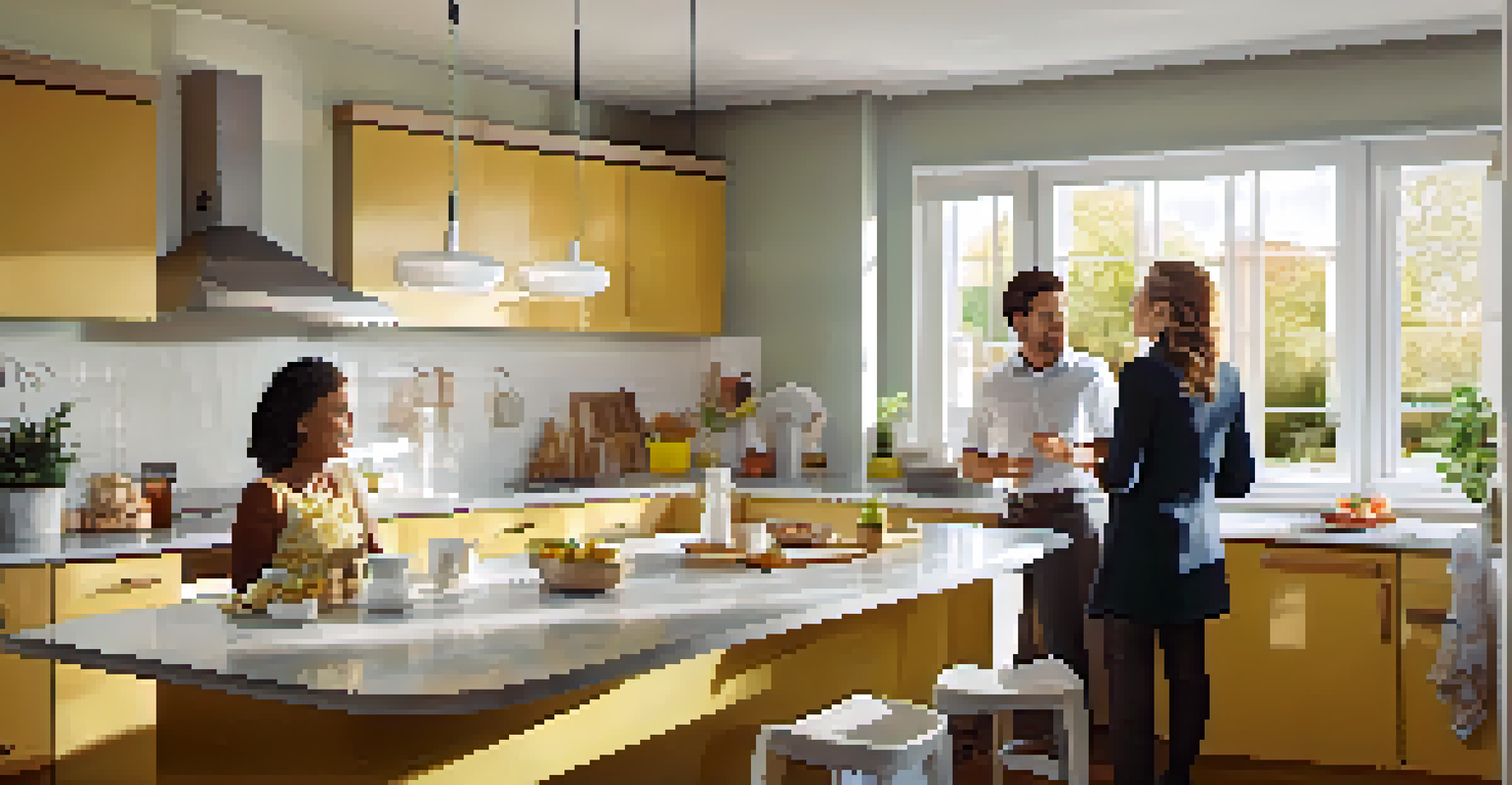A real estate agent and tenants discussing in a bright kitchen, showcasing collaboration.