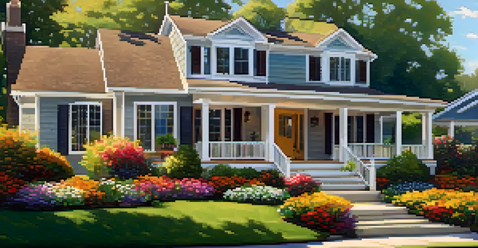 A well-maintained residential property with a beautiful lawn and colorful flower beds, illuminated by golden hour sunlight.