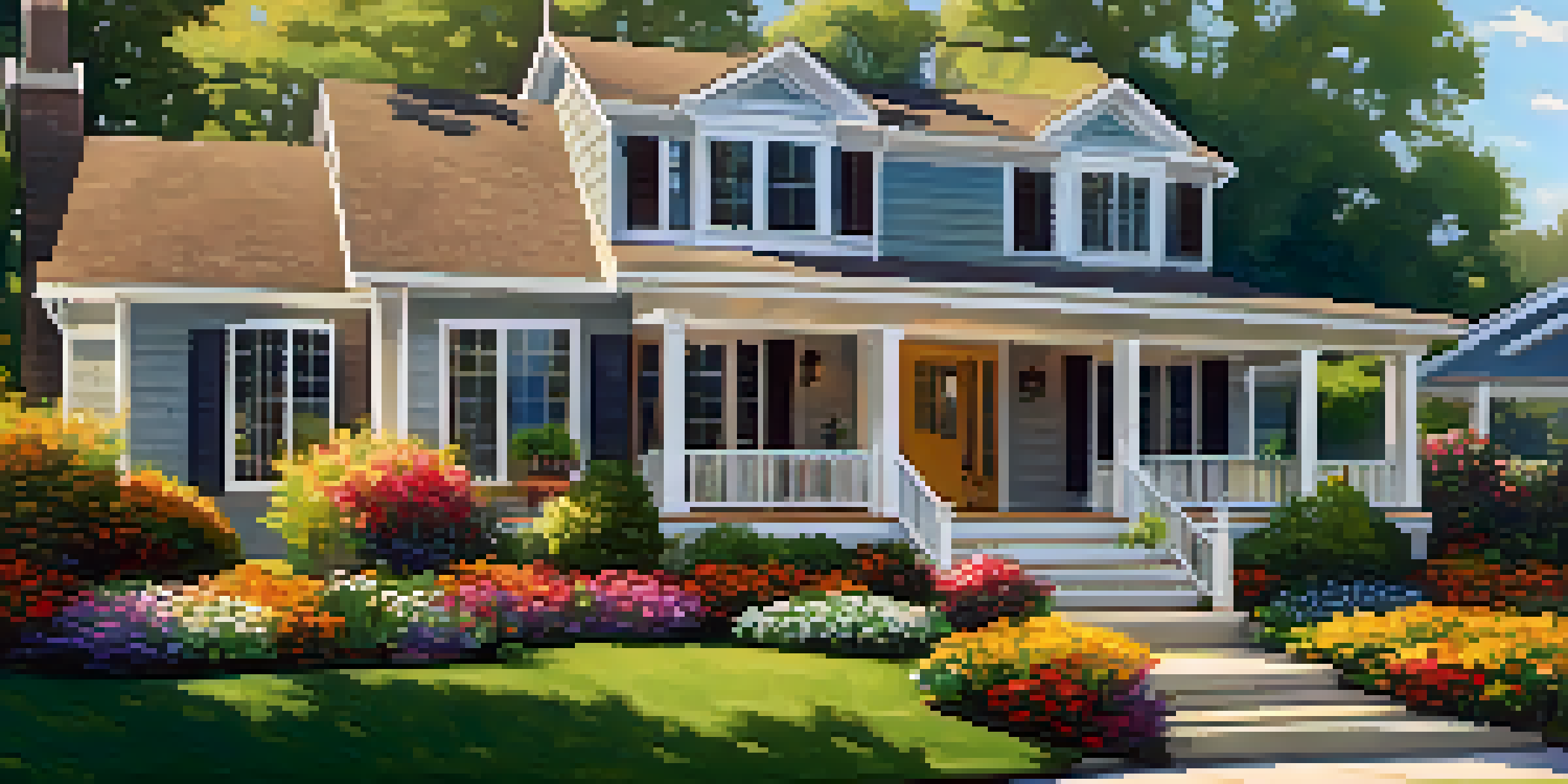 A well-maintained residential property with a beautiful lawn and colorful flower beds, illuminated by golden hour sunlight.