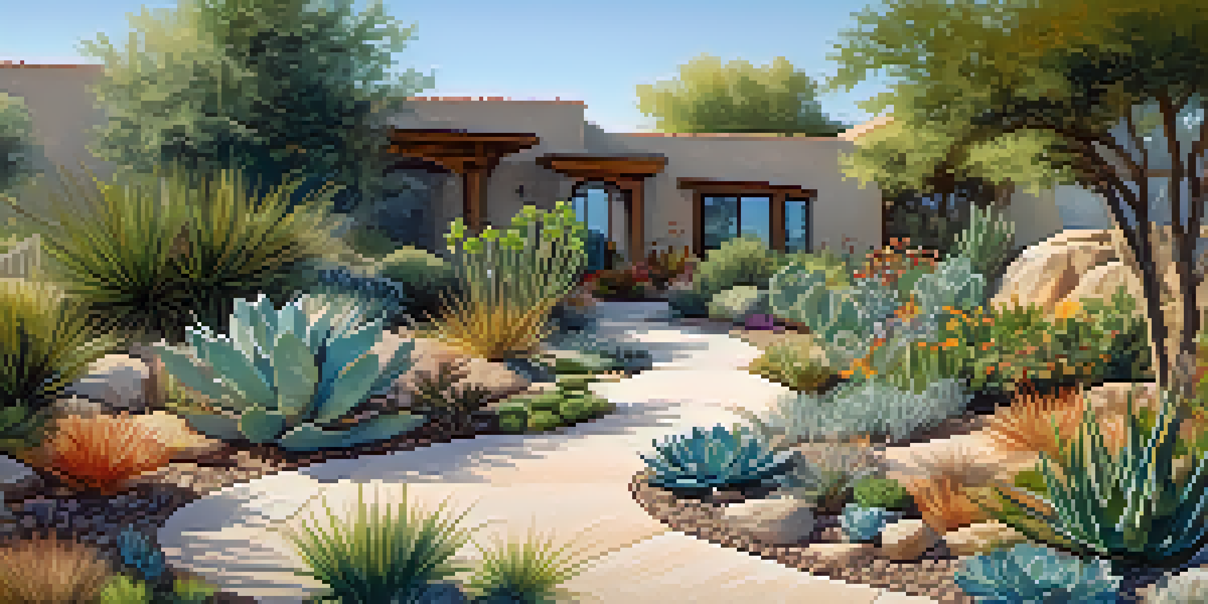 A vibrant xeriscape garden with succulents and native flowers, arranged in curves with decorative rocks and a gravel pathway, under soft sunlight.