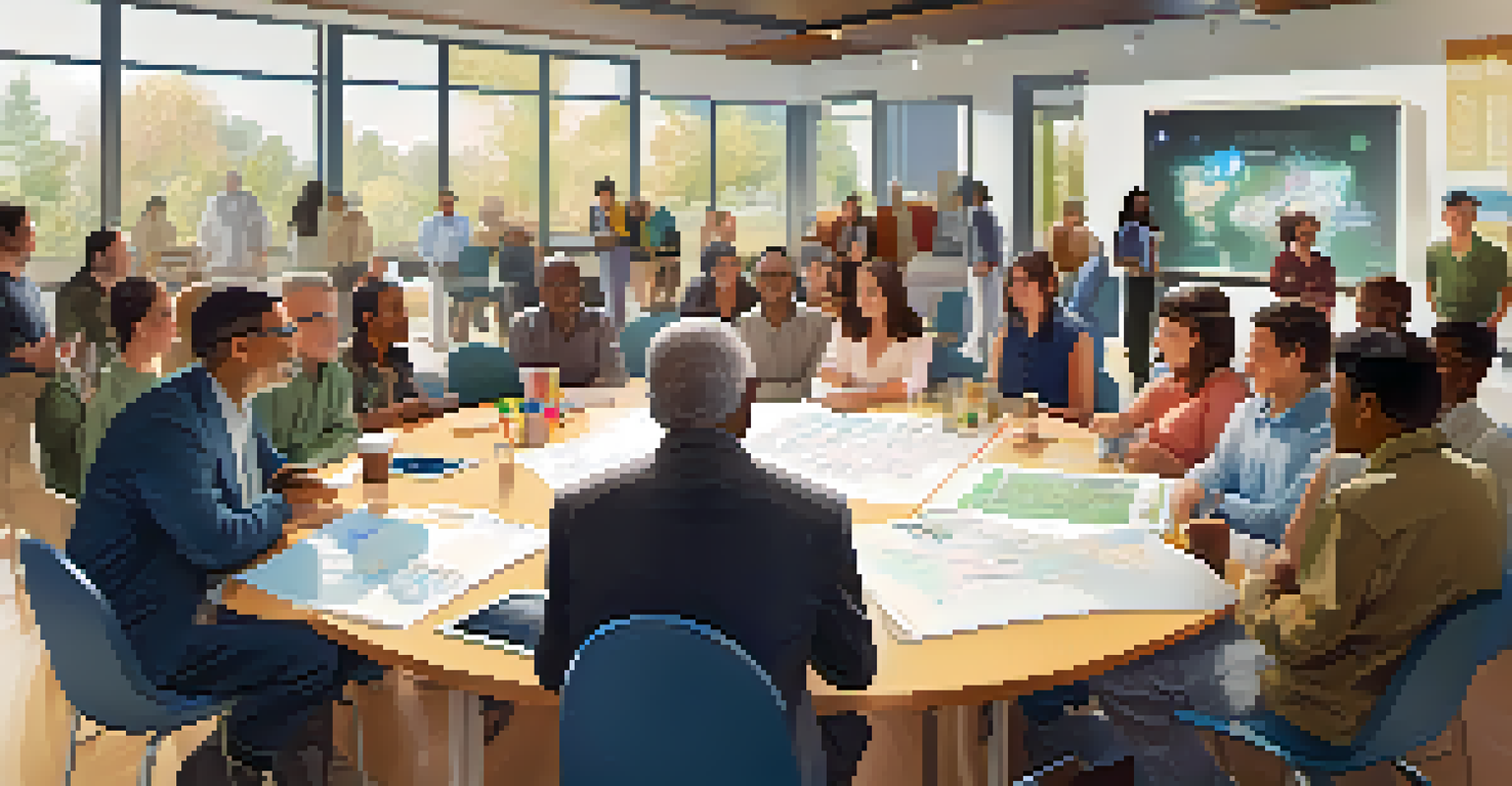 A diverse group of community members participating in a town hall meeting, discussing smart city initiatives with charts and technology displays.