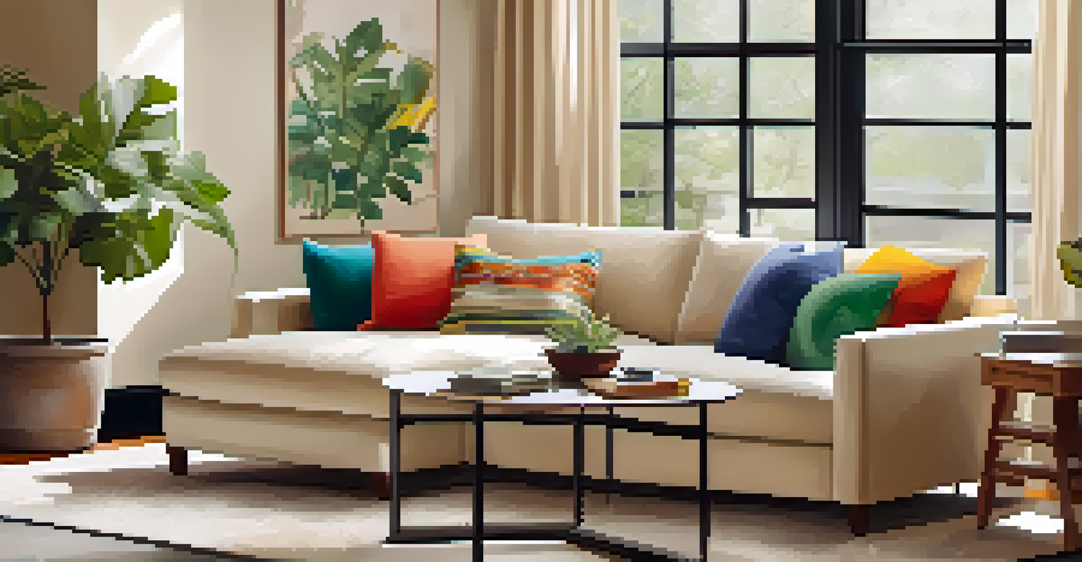 A bright living room showcasing a decluttered coffee table and a comfortable sofa with indoor plants and framed art.