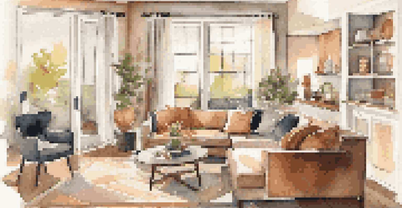 A cozy living room with an open floor plan, comfortable furniture, and large windows providing natural light.