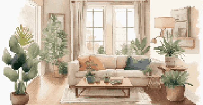 A cozy living room with a tenant working on a laptop, bright and inviting atmosphere.