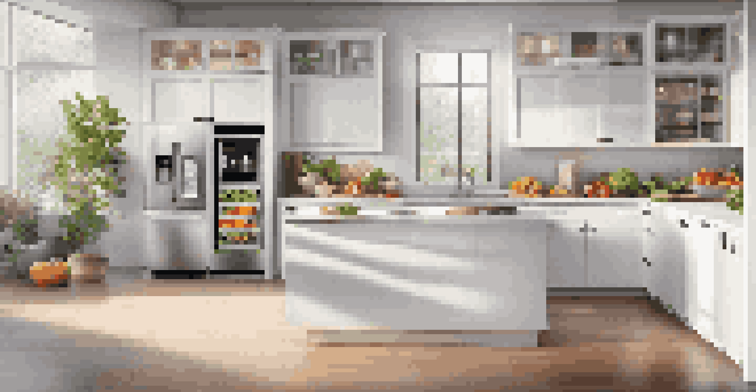 A modern kitchen showcasing a smart refrigerator with a digital screen and a smart oven, filled with fresh ingredients on the counter in a bright atmosphere.