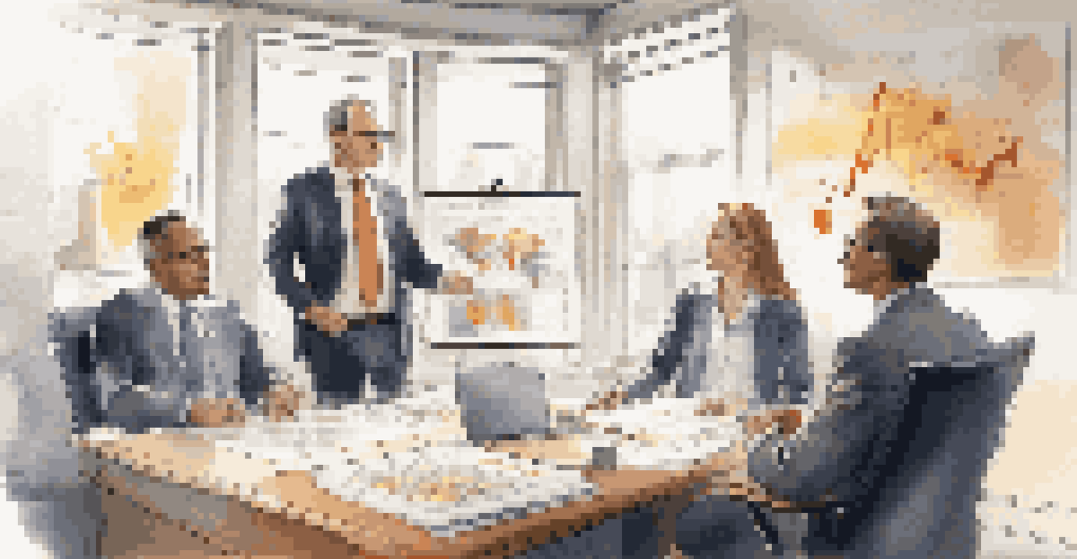 A tax advisor consulting with a real estate investor in an office filled with financial charts and warm light.
