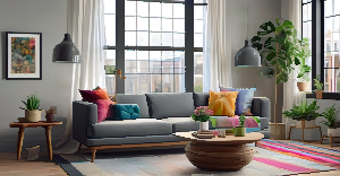 A cozy modern living room with a gray sofa, colorful pillows, and a large window letting in natural light.