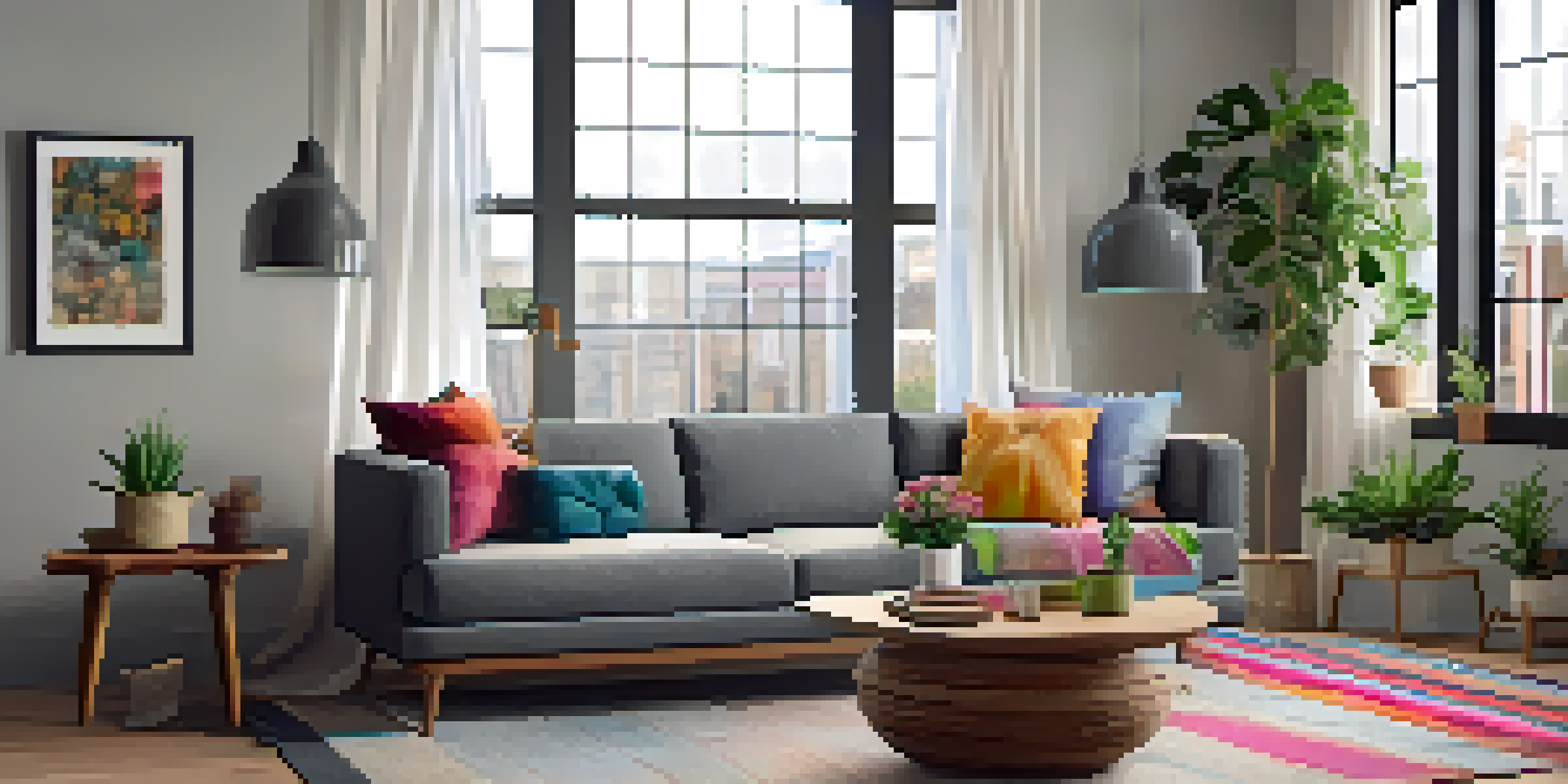 A cozy modern living room with a gray sofa, colorful pillows, and a large window letting in natural light.