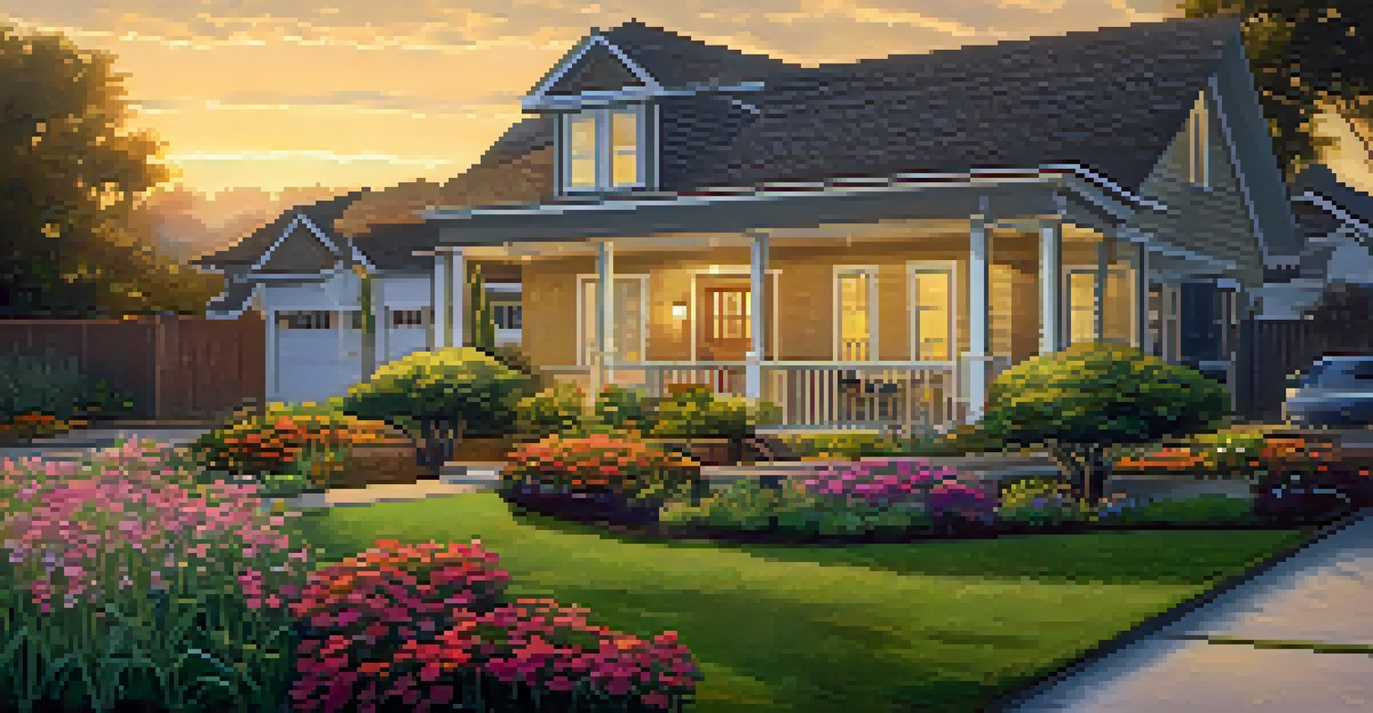 A home with a rainwater harvesting system and flowerbeds under a golden sunset.
