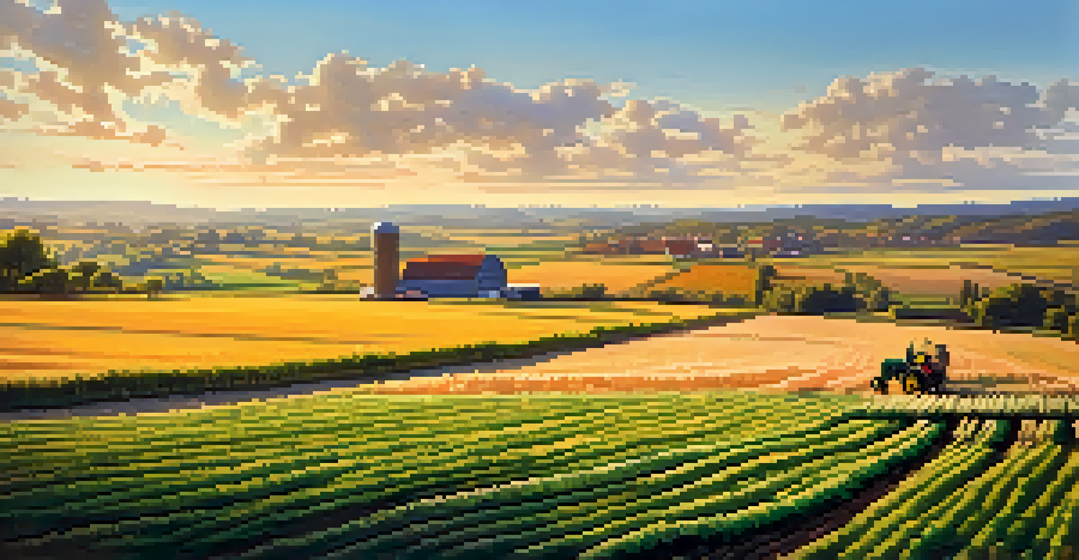 A beautiful agricultural scene with fields of crops, a farmer at work, and a barn in the background during sunset.