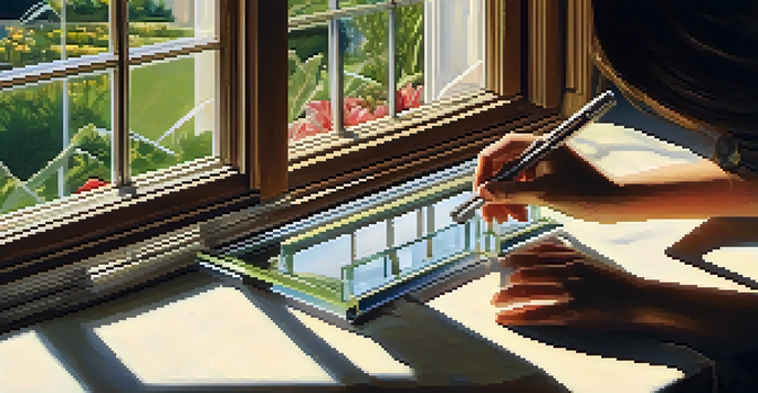 A close-up of a person inspecting a window frame for drafts, with sunlight illuminating the clear glass and a view of a garden.