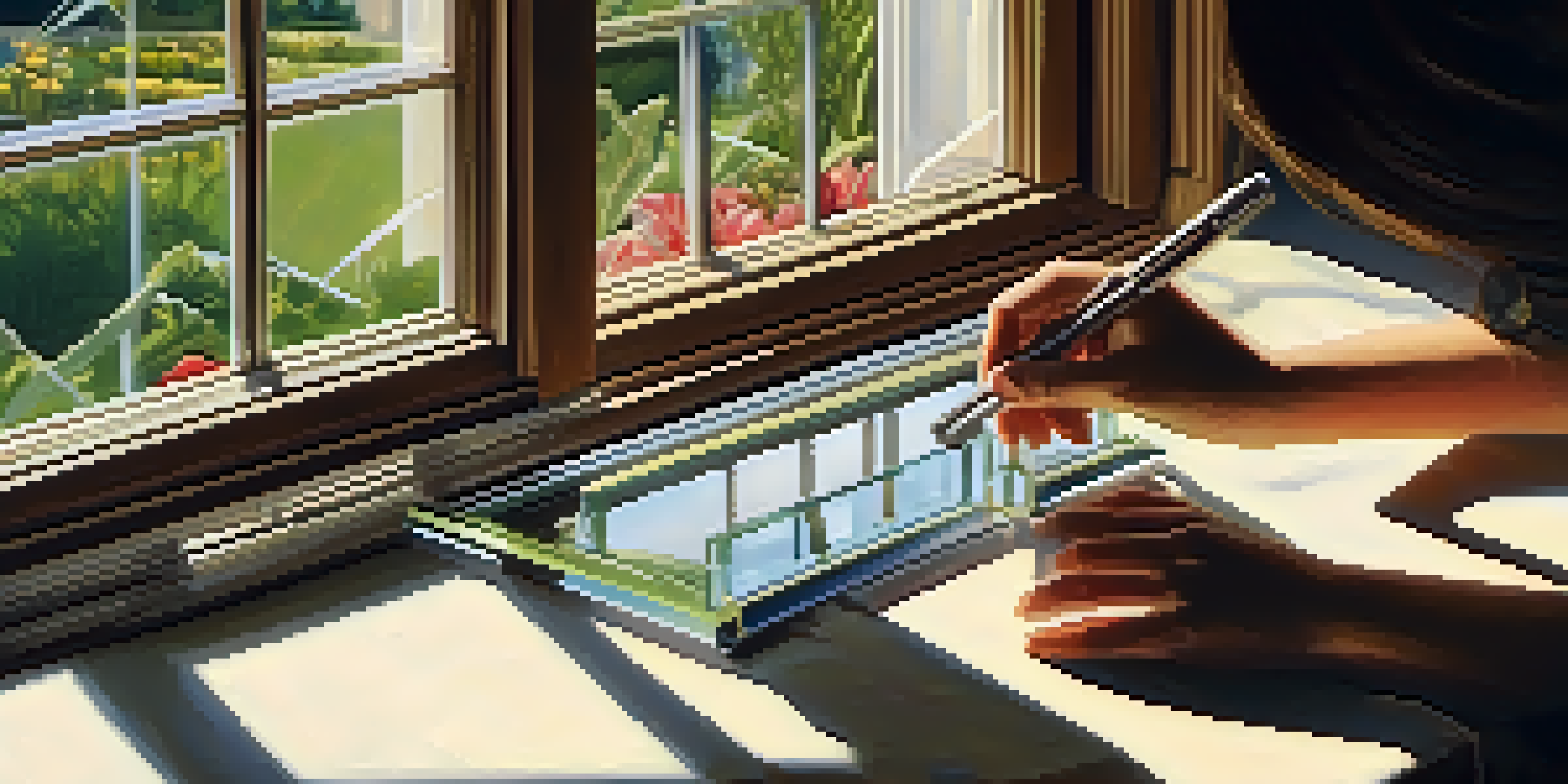 A close-up of a person inspecting a window frame for drafts, with sunlight illuminating the clear glass and a view of a garden.