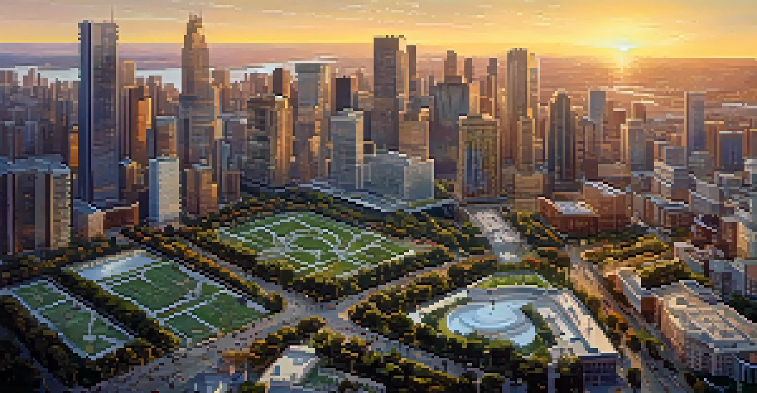 Aerial view of a city with residential and commercial buildings, parks, and a golden sunset illuminating the skyline.