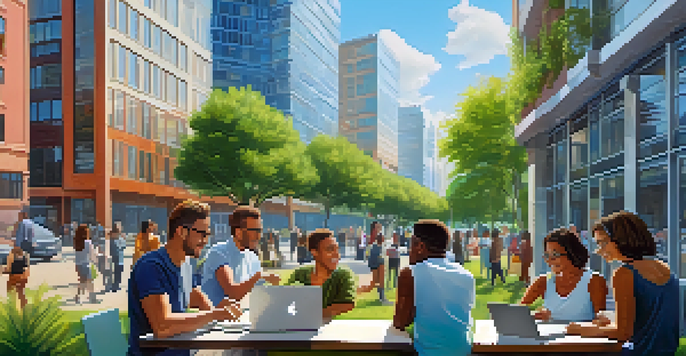 A diverse group of individuals working together on a laptop in an urban setting, discussing real estate crowdfunding, surrounded by modern buildings and greenery.