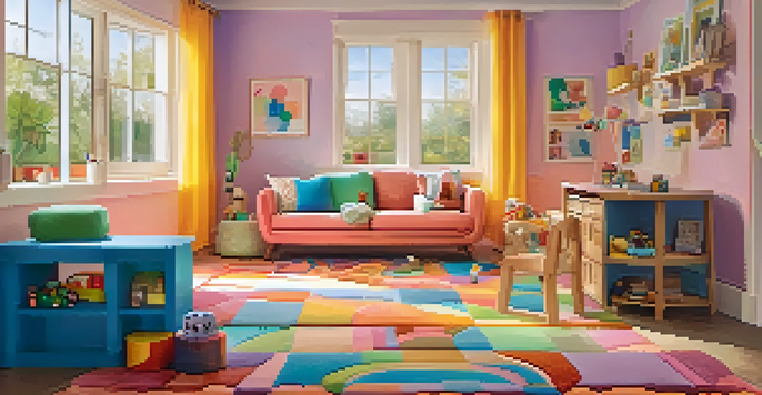 A warm and inviting living room designed for child safety, with secured furniture and a child playing on the floor.
