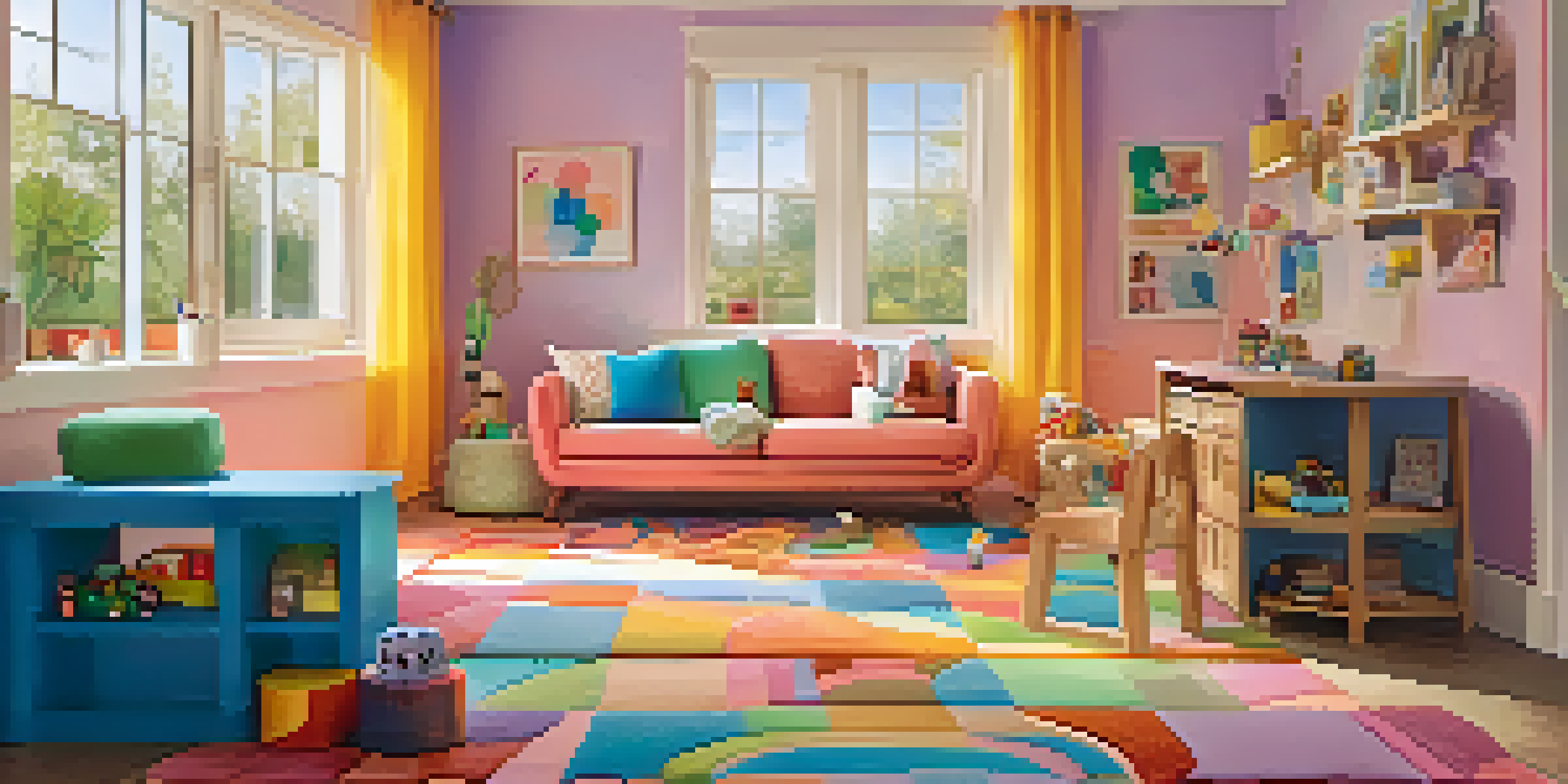 A warm and inviting living room designed for child safety, with secured furniture and a child playing on the floor.