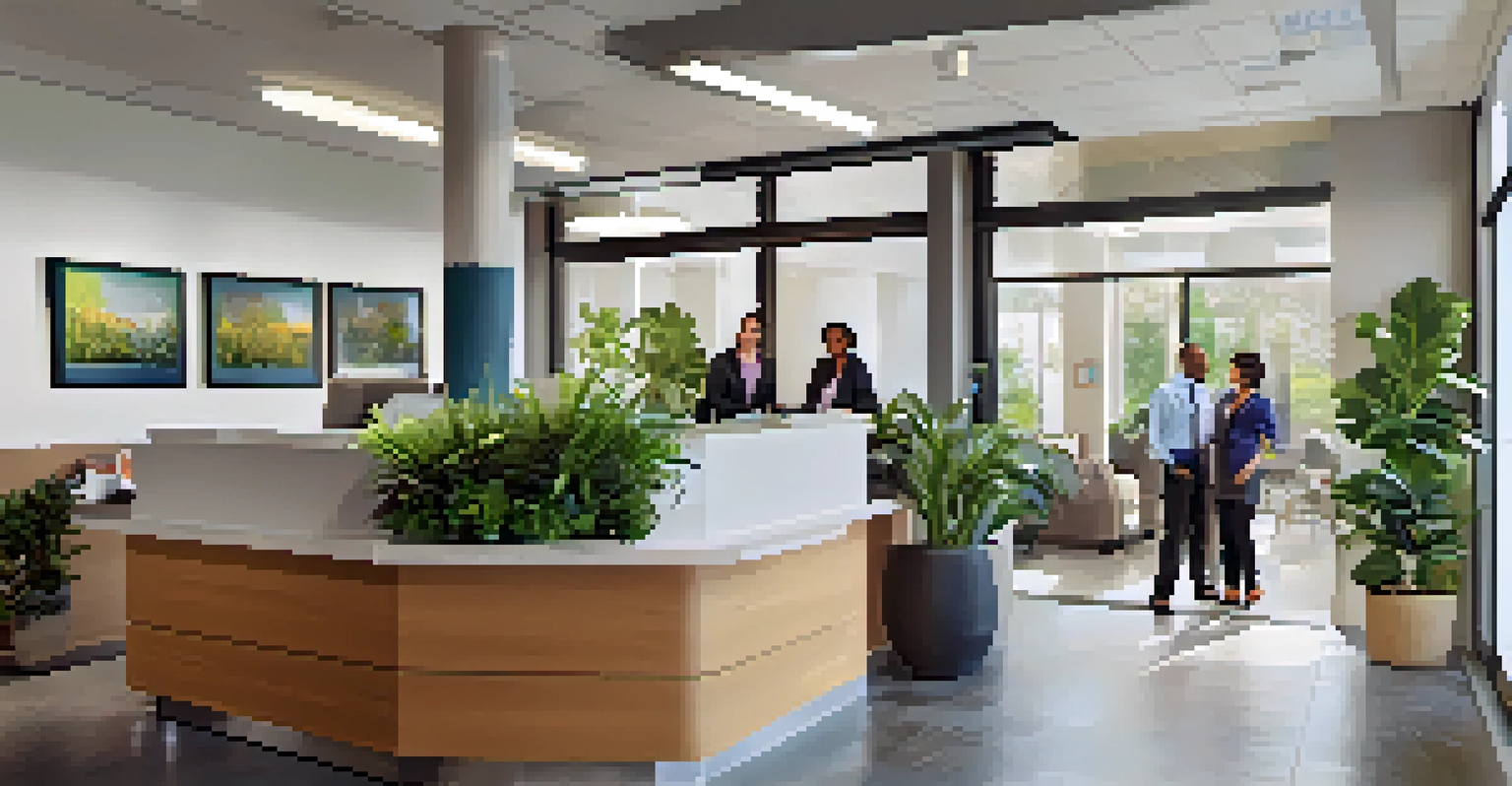 A property management office scene with a reception desk, a friendly manager, diverse tenants talking, and plants around in a bright setting.