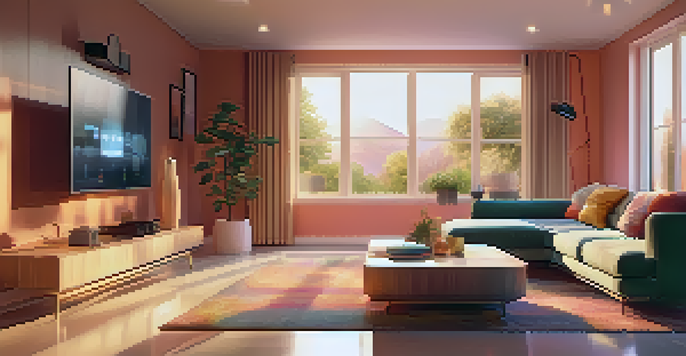 A cozy living room showcasing smart home technology with a smartphone app for security, illuminated by warm sunlight.