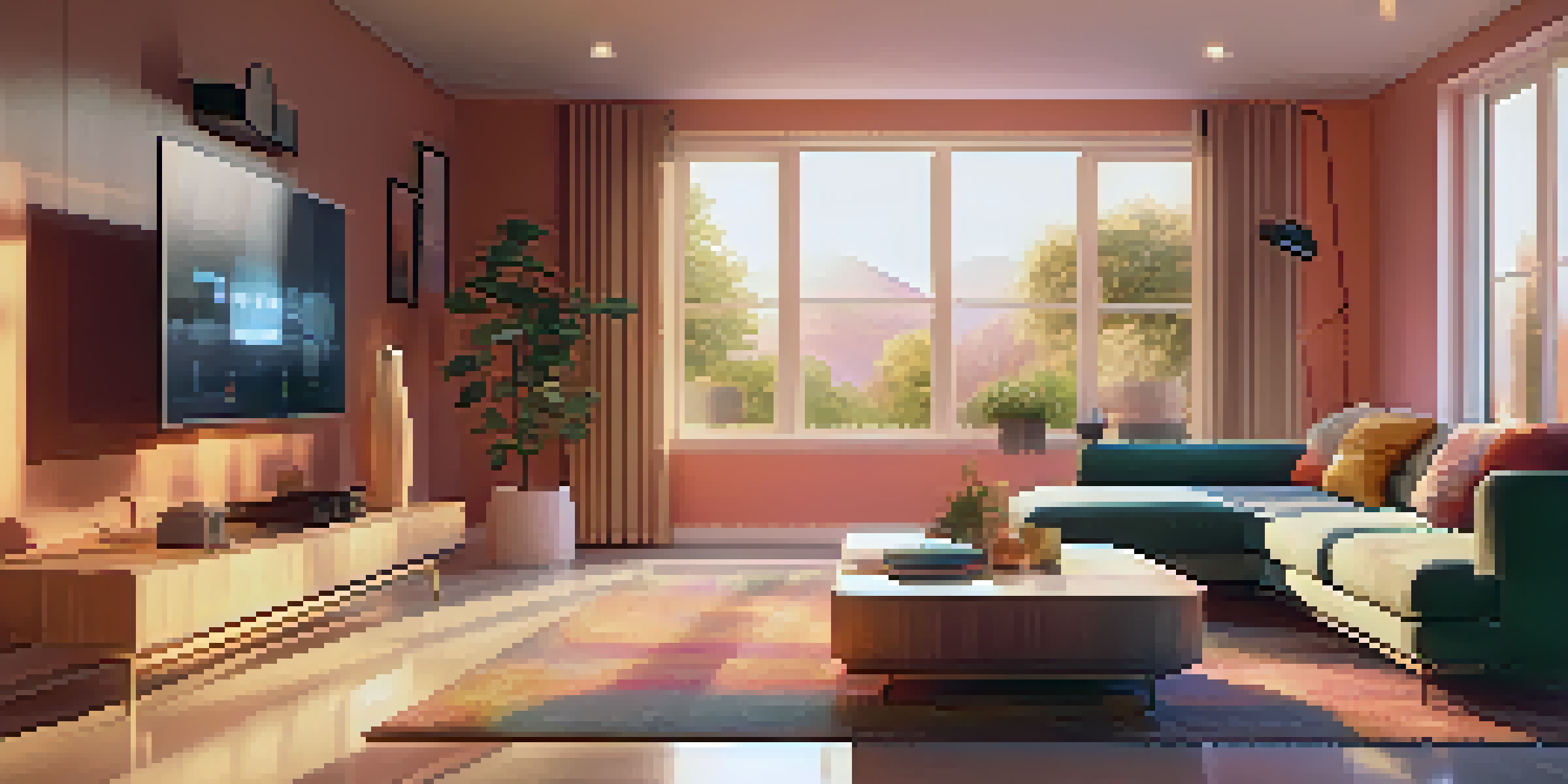 A cozy living room showcasing smart home technology with a smartphone app for security, illuminated by warm sunlight.