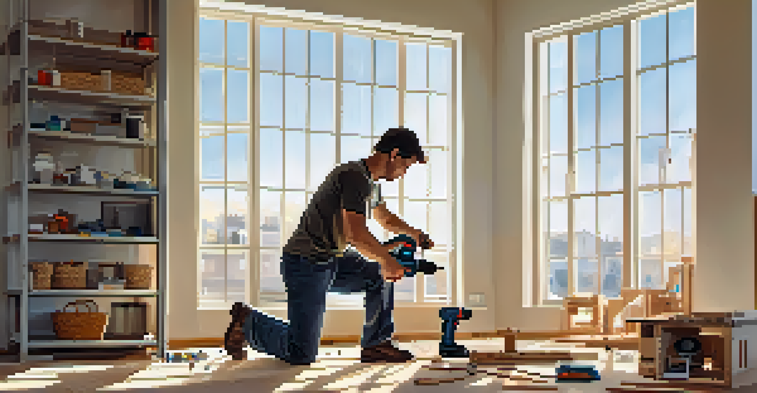 A person actively using a cordless drill to assemble furniture in a bright and modern living room, with tools and parts scattered around.