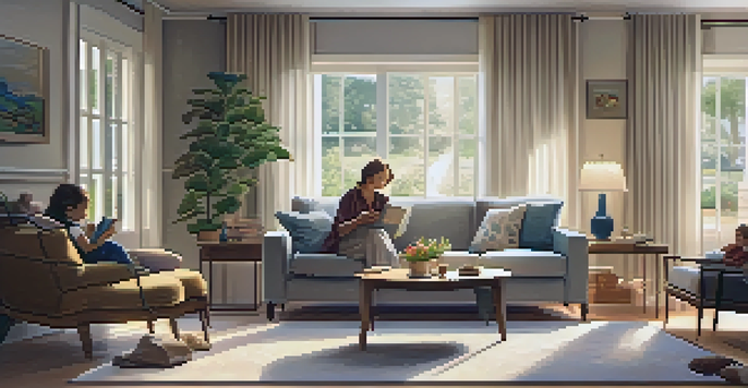 A cozy living room with a grandparent reading and children playing, filled with family photos and warm lighting.