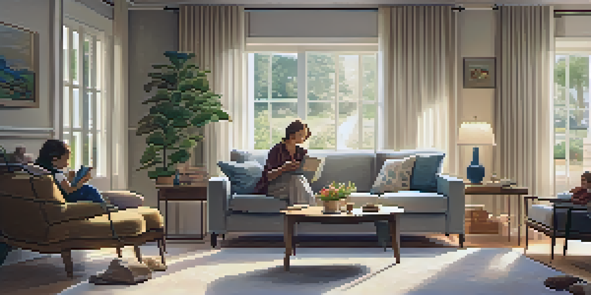 A cozy living room with a grandparent reading and children playing, filled with family photos and warm lighting.