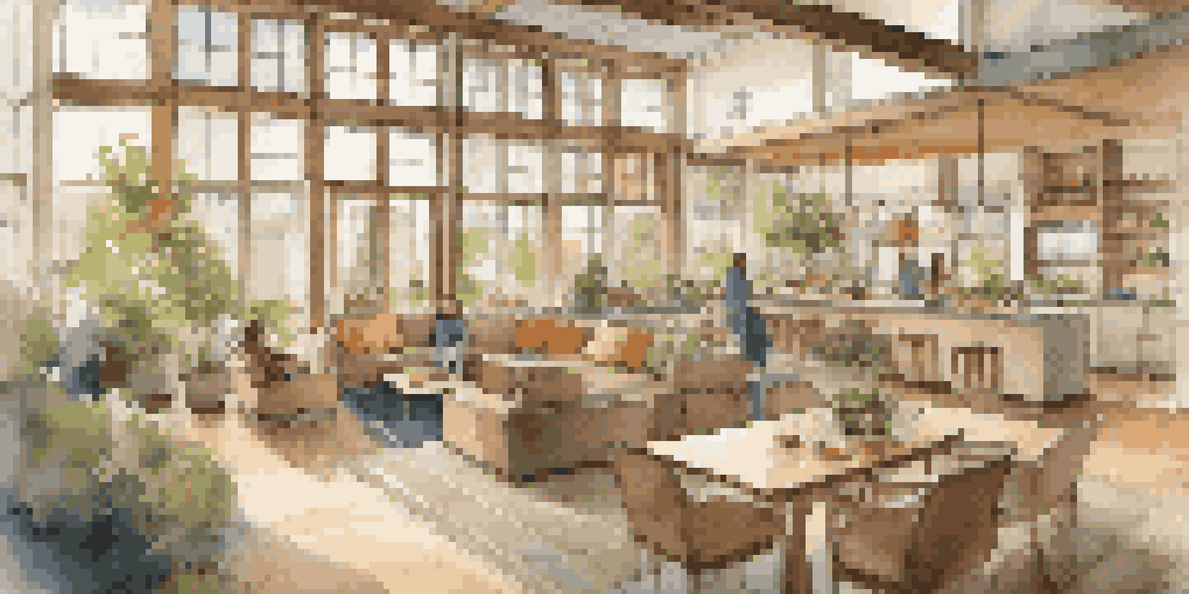A communal living space with large windows, a shared garden, and residents cooking and relaxing together.