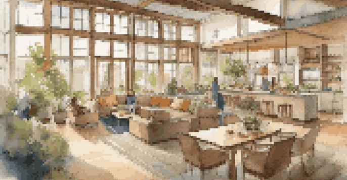 A communal living space with large windows, a shared garden, and residents cooking and relaxing together.