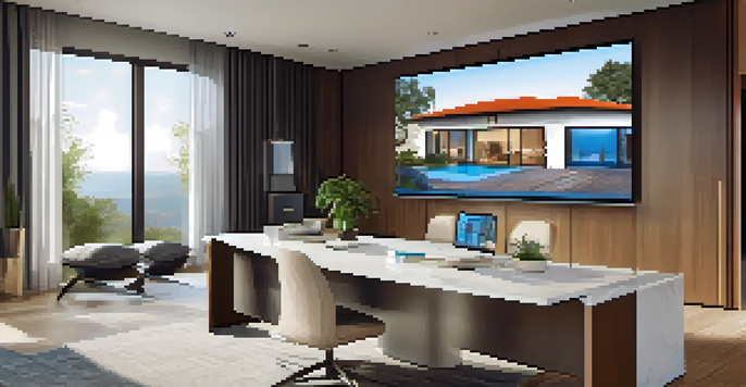A real estate agent showing a virtual tour on a screen in a stylish office setting.